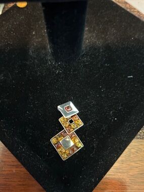 Sterling Silver Geometric Necklace Pendant with Amber Stones